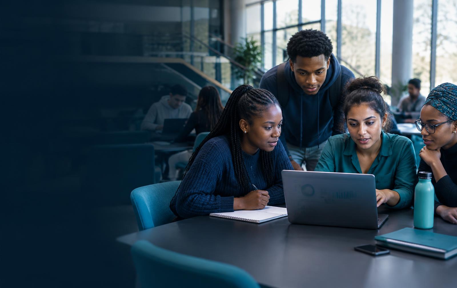 Students and an analyst collaborating with data in a campus learning space
